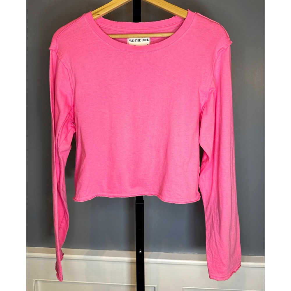 We The Free Pink Solid Cropped Long Sleeve Crew Neck Knit Top Women's M